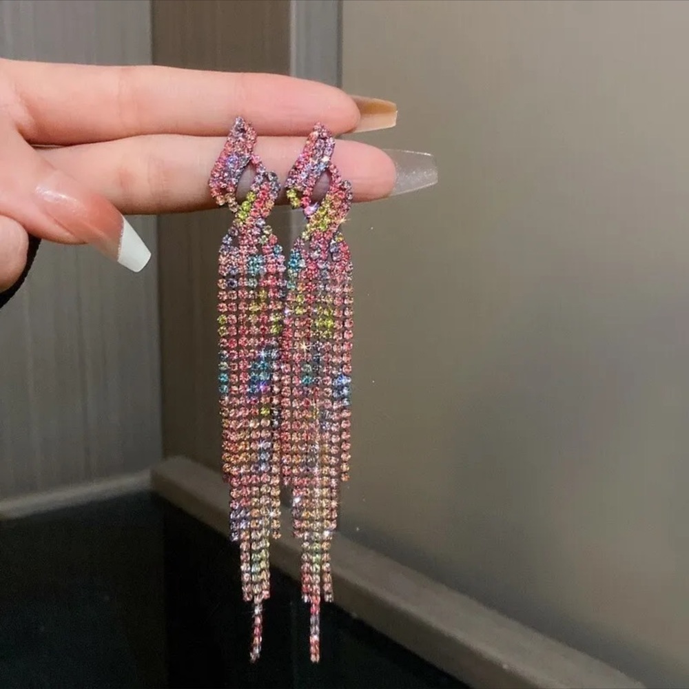 Silver Pink Green Purple Rhinestone Dangle Earrings